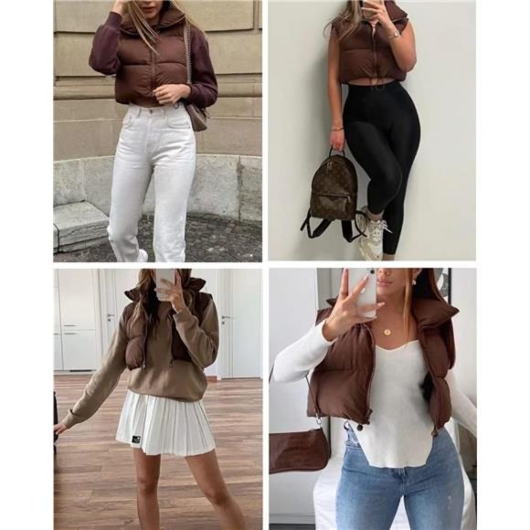 Women's Fashion High Neck Zipper Cropped Puffer Vest Jacket Coat - Picture 6 of 6